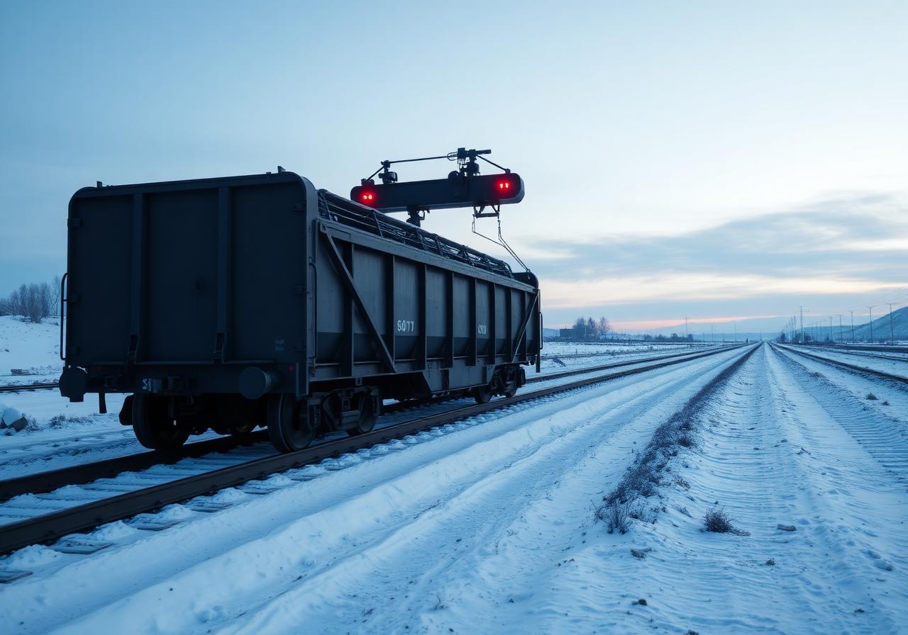 Godsvagn passerar järnvägsvåg i vinterlandskap